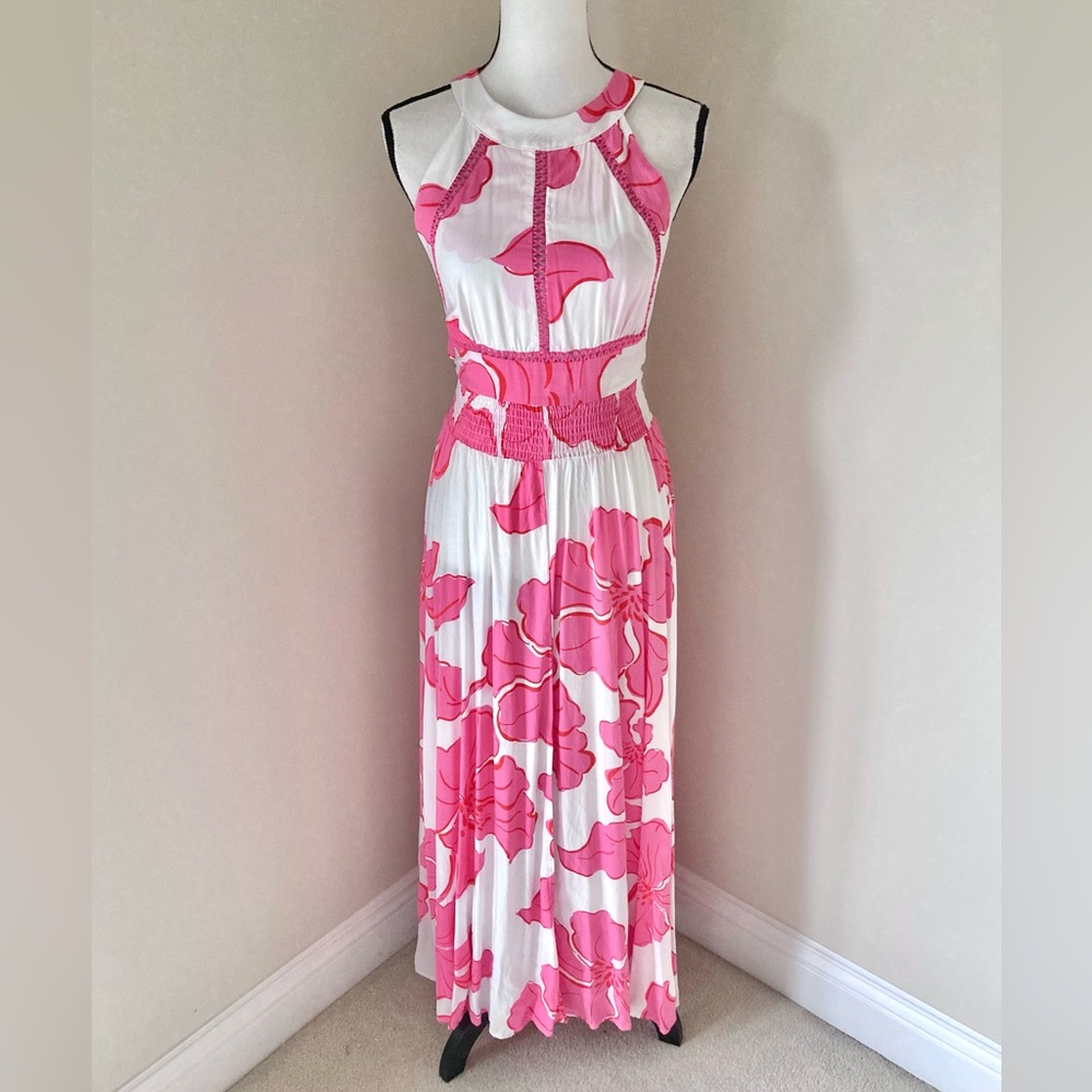 Anthropologie Abel The Label ATL Paloma Pink White Floral Open Back Dress Size M - Picture 2 of 10